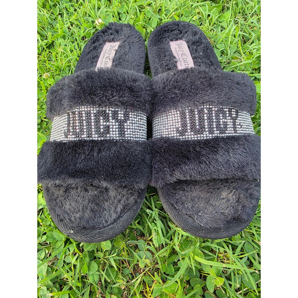 Juicy Couture Black Faux Fur Rhinestone Slide Sandals Size L (9-10) Y2k Summer